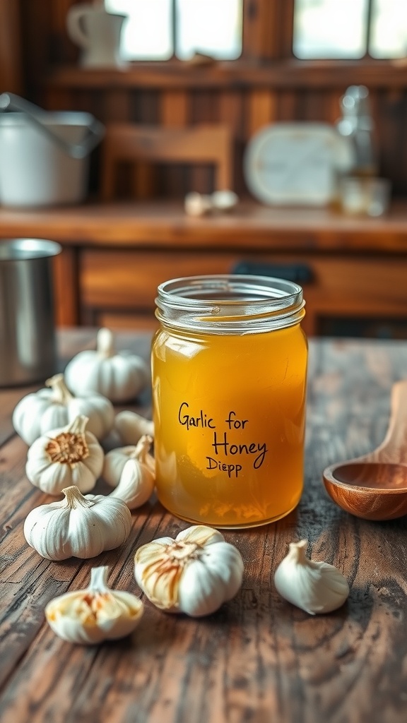 A jar of garlic and honey remedy with garlic cloves on a wooden table.